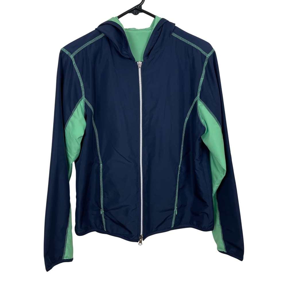 Kim Rogers Women's Windbreaker Jacket Full Zip Hooded Navy Blue‎ Green Size M